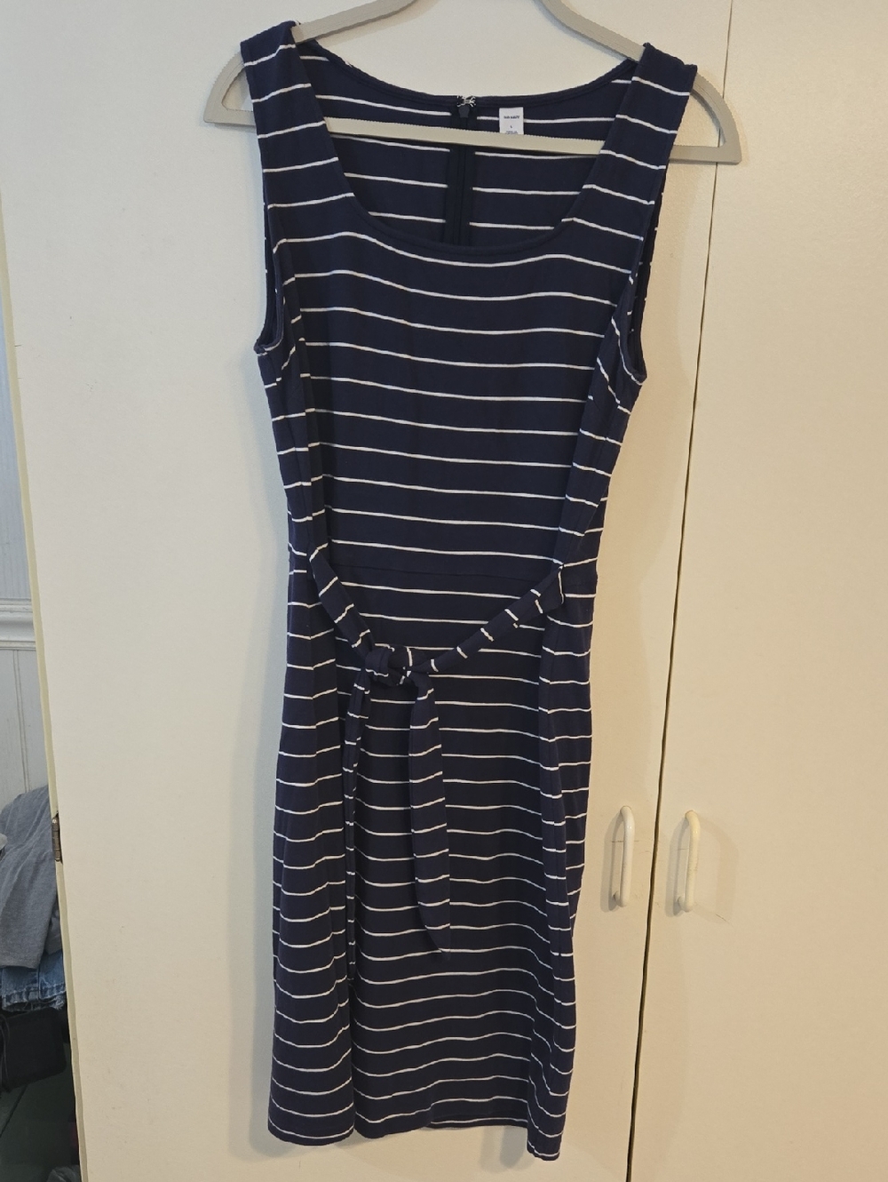 Old Navy Navy and White Striped Sleeveless Midi Dress with Tie Waist